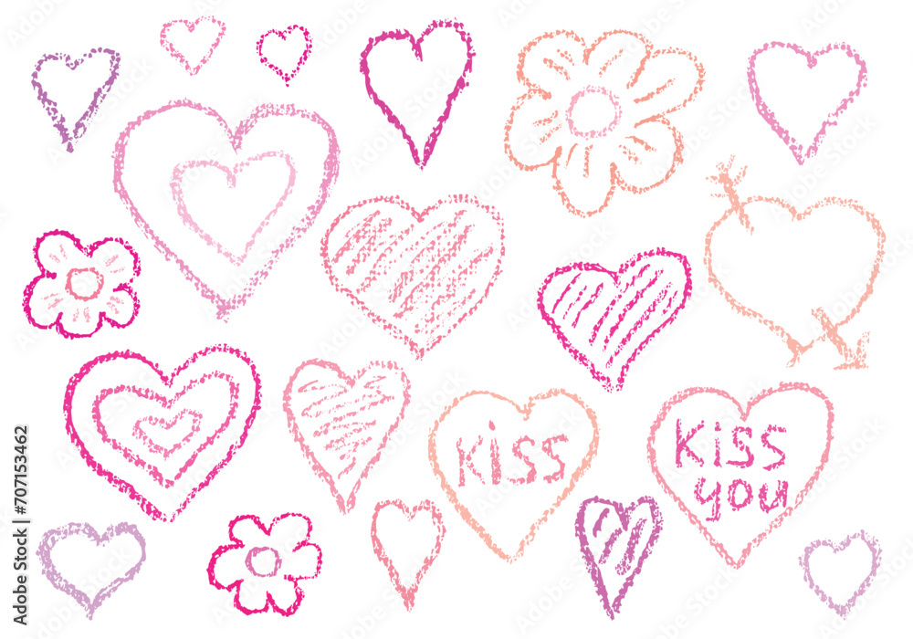Hearts and flowers with chalk texture and 