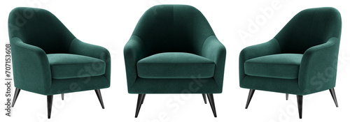Green Velvet  fabric armchair set  with wood legs isolated on white background. Furniture Collection
