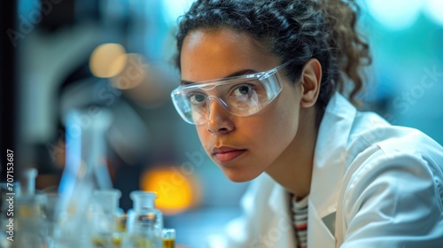 Focused female scientist in a lab, symbolizing research and scientific discovery.