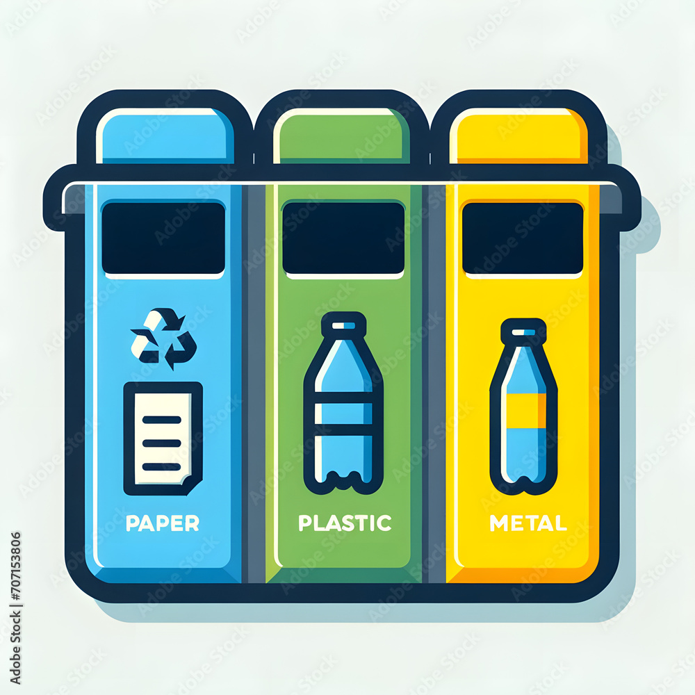 Iconic design for waste sorting, with separate bins for paper, plastic and metal waste, each marked with distinct colors and symbols Iconic design for waste sorting, with separate bins for paper, plastic and metal waste, each marked with distinct colors and symbols