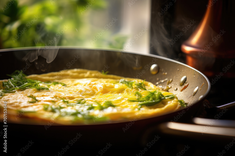 The simple yet delightful process of making an omelet in a home kitchen, perfect for a quick and nutritious morning meal.