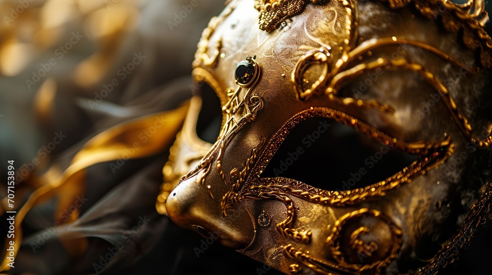 Obraz premium Golden Venetian carnival masquerade parade mask on blurred dark blue background with orange lights. Copy space. For costume festival celebration, invitation, promotion.
