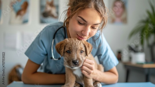 Caring female veterinarian examining a puppy, embodying compassion and animal care. photo