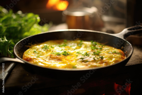 Culinary art in everyday life: a golden omelet sizzling in a pan, ready to be served as a wholesome and tasty breakfast in a cozy kitchen setting.