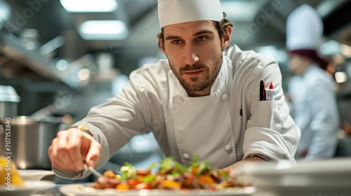 Concentrated male chef plating a dish, capturing culinary art and kitchen dynamics.