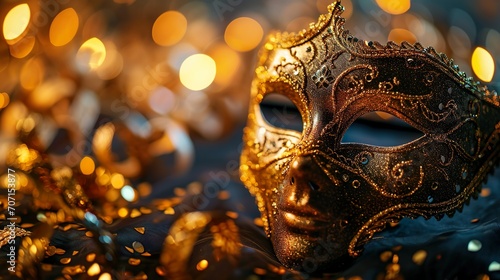 Golden Venetian carnival masquerade parade mask on blurred dark blue background with orange lights. Copy space. For costume festival celebration, invitation, promotion. © lanters_fla