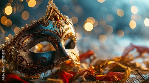 Closeup of blue and golden carnival masquerade parade mask on blurred dark blue background with orange lights. Copy space. For costume festival celebration, invitation, promotion.