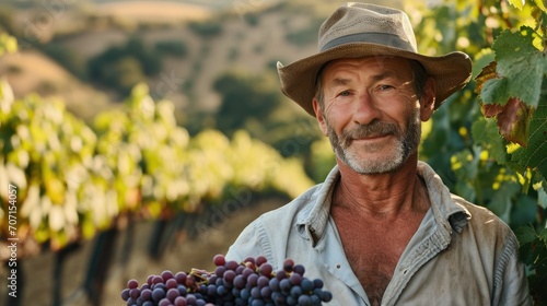 Vineyard owner holding grapes, with a backdrop of lush grapevines, embodying wine cultivation.