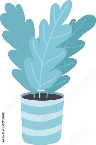 Blue potted plant illustration, simple houseplant in striped pot, minimalist ...