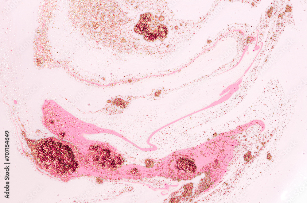 Fototapeta premium PINK ORIENTAL ELEPHANT. Peach Fuzz OCEAN- ART. Marble abstract painting. Artwork with gold glitters, sequins. Pastel background.