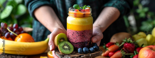 a woman holds a jar of fruit smoothie in her hands  on a background of fruits