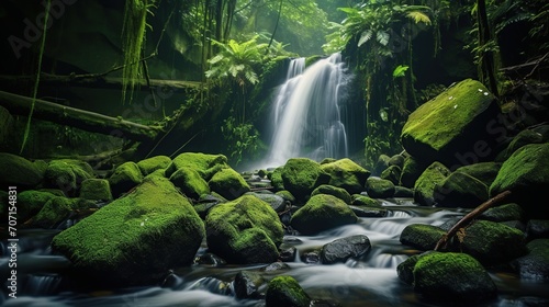 waterfall in the middle of a tropical forest with mossy rocks. natural natural scenery