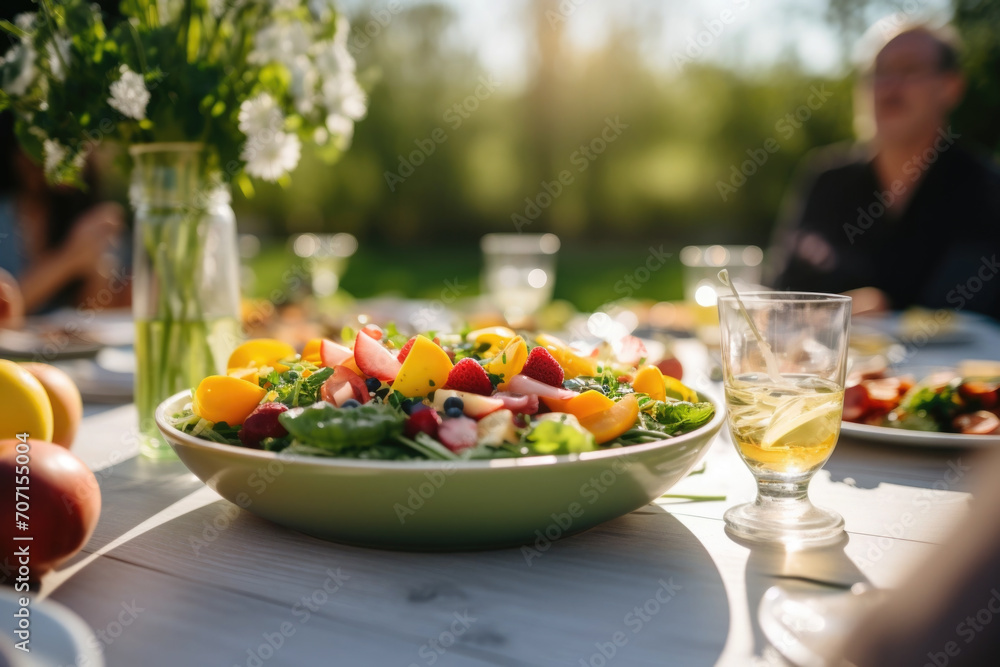 Dinner table with delicious healthy food, fresh vegetables and salads. Happy joyful people enjoying the meal and having fun in the background Dinner table with delicious healthy food, fresh vegetables and salads. Happy joyful people enjoying the meal and having fun in the background