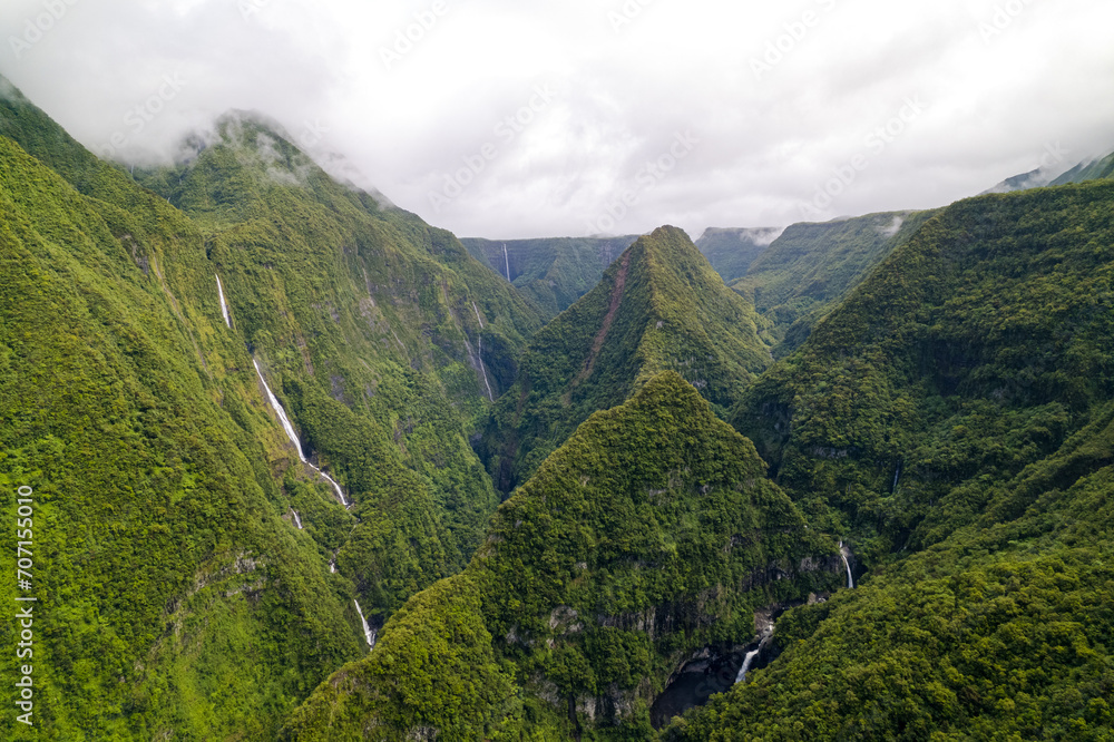 Takamaka waterfall Belvedere, aerial view by drone of the Cirque de Mafate, Reunion Island