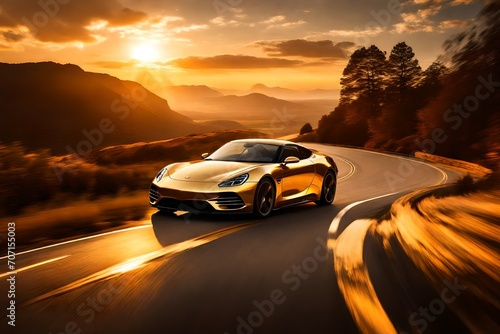 A car cruising on a winding road during sunset, with the warm golden hues of the sky reflecting off its sleek exterior. © Resonant Visions