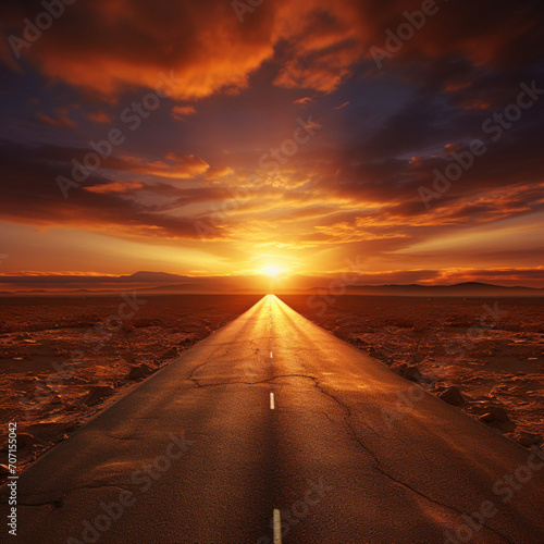 fotografia con detalle de carretera hacia un horizonte con puesta de sol photo