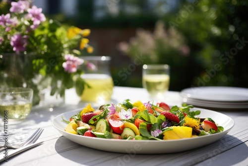 Delicious healthy food with fresh salad  fruits and vegetables  served on the table in the garden  