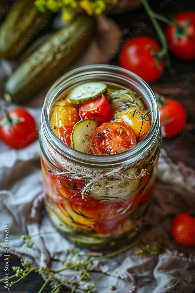 preservation of vegetables, a glass jar with vegetables. on a gray background preservation of vegetables, a glass jar with vegetables. on a gray background