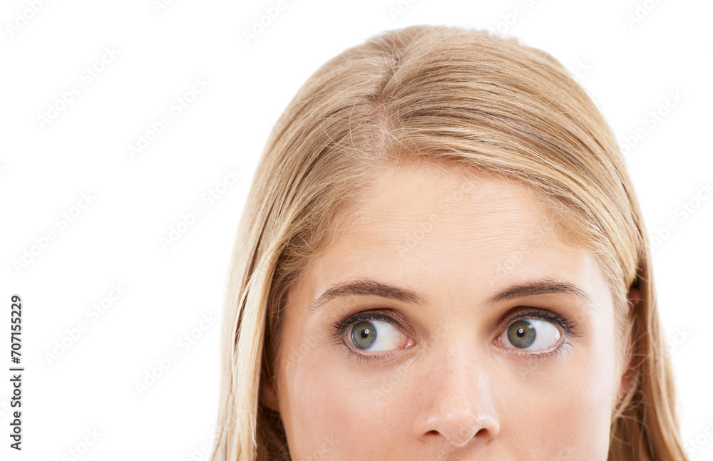 Half face, thinking and woman with question, solution or decision isolated on a white studio background mockup. Closeup, eyes and person with idea, remember memory and dream of planning future vision