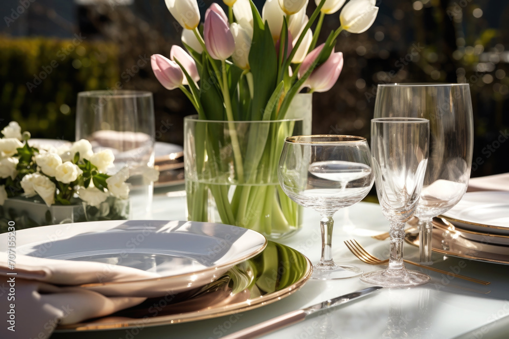 Festive dinner table setting with cutlery, wine glasses and tulip flowers Festive dinner table setting with cutlery, wine glasses and tulip flowers