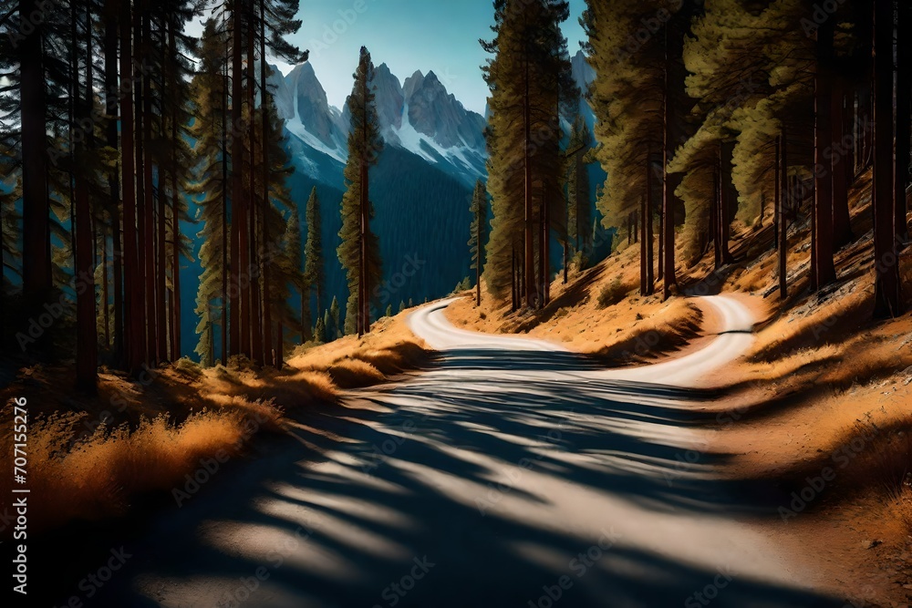 A picturesque mountain road winding its way through a dense pine forest ...