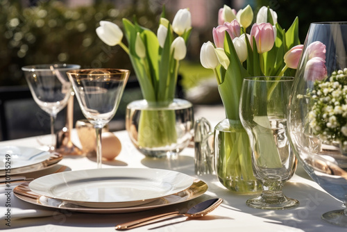 Festive dinner table setting with cutlery, wine glasses and tulip flowers 