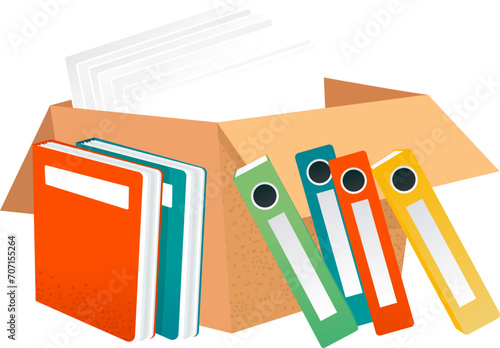 Cardboard box with colorful folders spilling out. Office moving concept or archiving paperwork vector illustration.