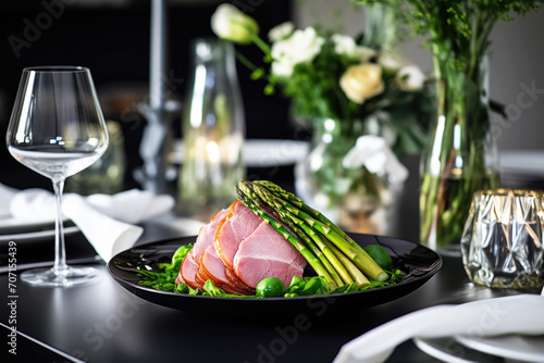 Table setting with meat and vegetables, grilled asparagus and ham