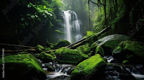 waterfall in the middle of a tropical forest with mossy rocks. natural natural scenery