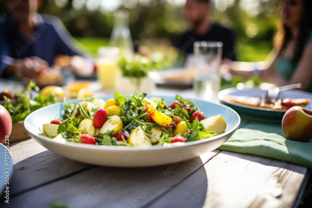 Dinner table with delicious healthy food, fresh vegetables and salads. Happy joyful people enjoying the meal and having fun in the background Dinner table with delicious healthy food, fresh vegetables and salads. Happy joyful people enjoying the meal and having fun in the background