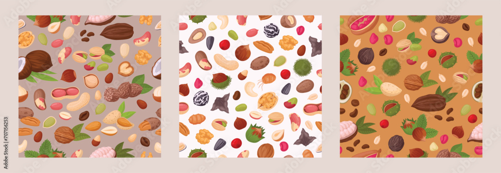 Seeds and nuts seamless patterns. Peanut, walnut, macadamia, raw almond, hazelnut and dried pistachios endless design flat vector illustration set. Delicious nuts backgrounds