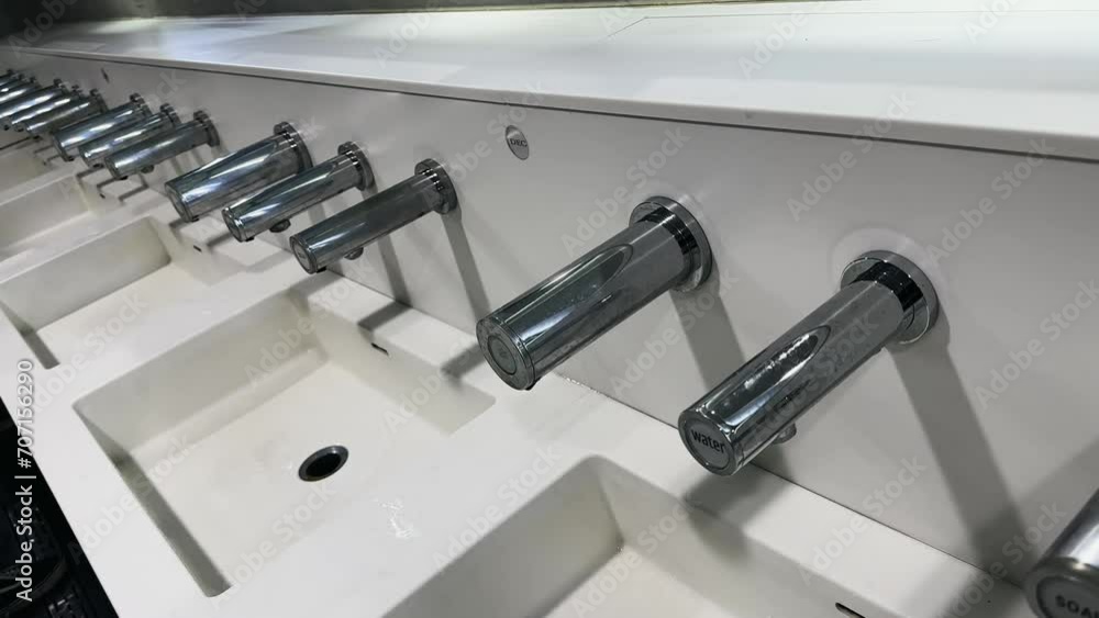 Automatic faucet and sink inside a public toilet in Vatican with separate taps for water, soap and air Automatic faucet and sink inside a public toilet in Vatican with separate taps for water, soap and air