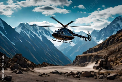A cargo helicopter airlifting heavy machinery against the backdrop of a rugged mountain range. photo