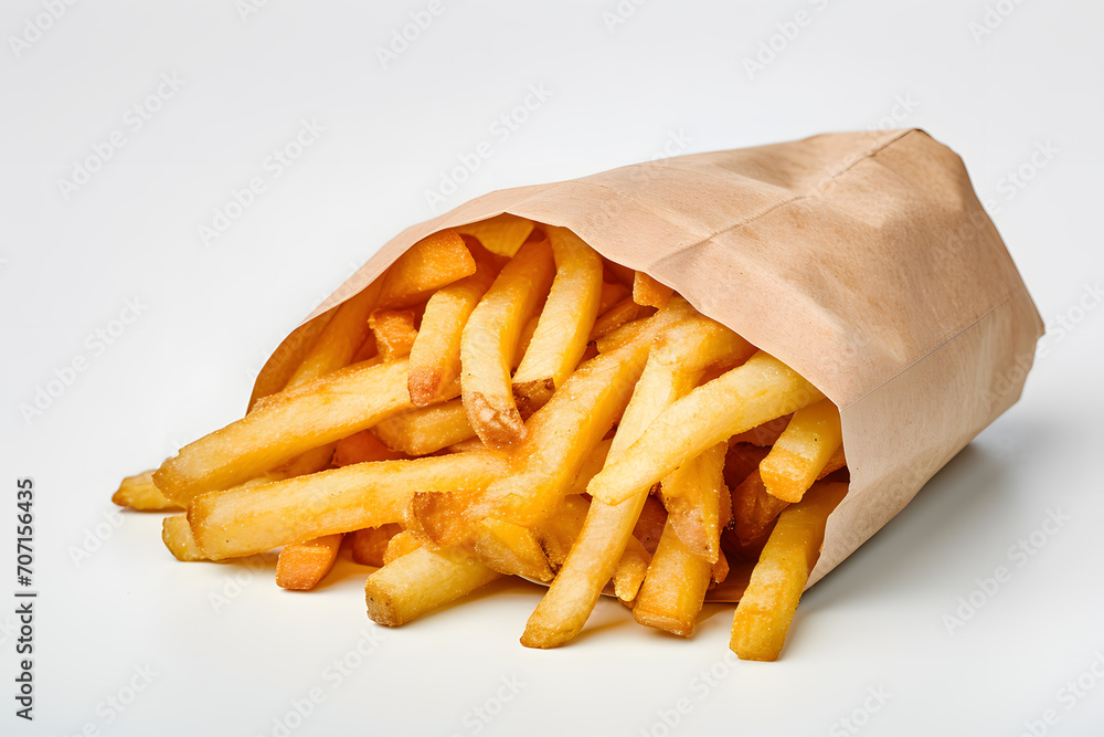 French fries in a paper wrapper Isolated on white Background French fries in a paper wrapper Isolated on white Background