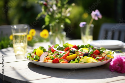 Delicious healthy food with fresh salad  fruits and vegetables  served on the table in the garden