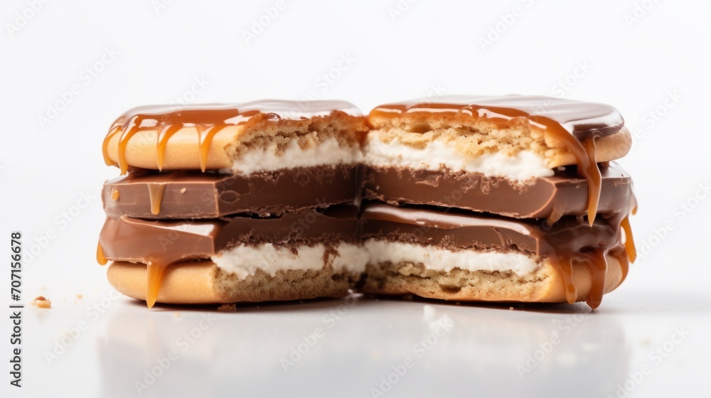 chocolate alfajor biscuit cookie with tempting caramel filling on a white base chocolate alfajor biscuit cookie with tempting caramel filling on a white base