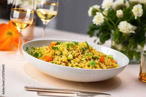Table setting with food  quinoa salad with orange and pistachio