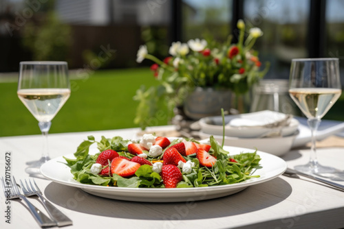 Delicious healthy food with fresh salad  fruits and vegetables  served on the table in the garden