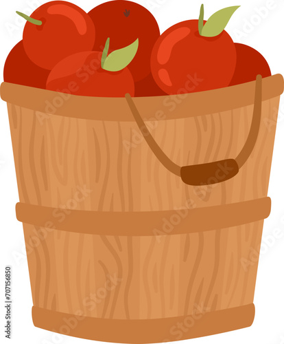 Wooden bucket filled with red apples, rustic wood texture and handle detail. Harvest, fresh fruit and autumn concept vector illustration.