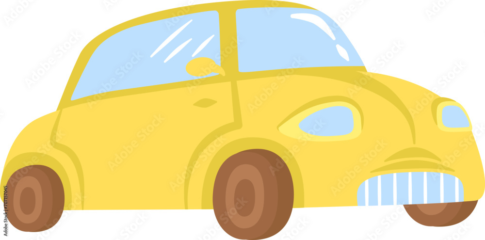 Naklejka premium Cute yellow cartoon car with big eyes and smile. Child-friendly vehicle design with a cheerful face. Kid's toy and animated automobile vector illustration.