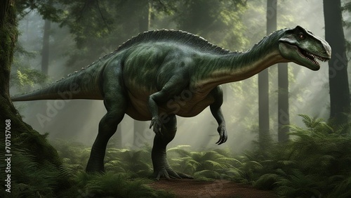  A descriptive scene with a sauropod dinosaur walking through a forest. The sauropod dinosaur  