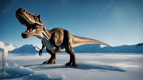 tyrannosaurus rex   A frozen world with a massive tyrannosaurus standing on a glacier. The dinosaur is scaly   © Jared
