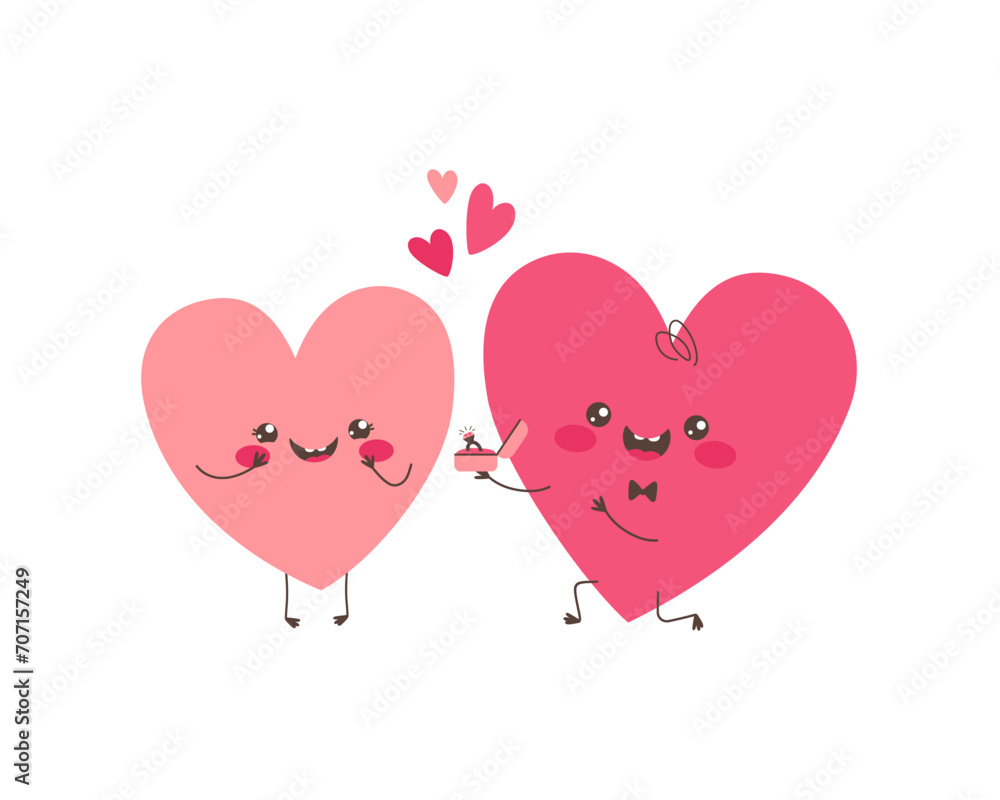 A heart character proposing marriage. Cartoon hearts couple in love. Vector illustration