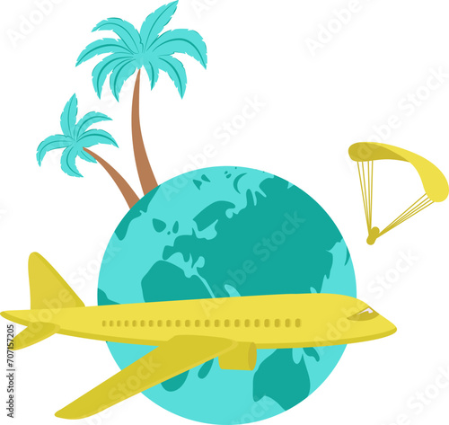 Yellow airplane flying around globe with palm trees and parachute. Travel concept and adventure vector illustration.