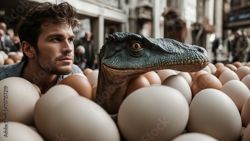 man next to dinosaur in the eggs He was a dinosaur egg, and he knew it. He had everything he wanted size and shape and color  photo