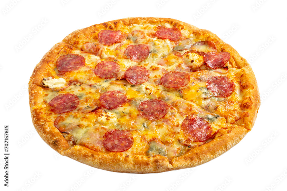 Delicious classic italian Pizza Pepperoni with sausages and cheese mozzarella. Fresh italian classic original pepperoni pizza isolated on white background. Delicious classic italian Pizza Pepperoni with sausages and cheese mozzarella. Fresh italian classic original pepperoni pizza isolated on white background.