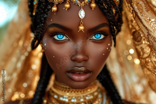 Portrait of a beautiful African girl, young black woman, beautiful well-groomed skin, national jewelry and blue eyes