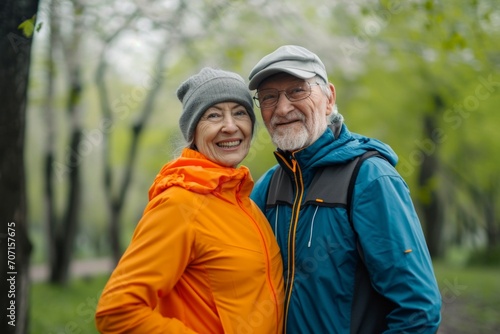 Portrait of lovely happy elderly couple on morning run outside in city park  retirees wife and husband rejoice in active lifestyle 