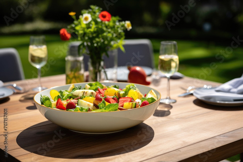 Delicious healthy food with fresh salad  fruits and vegetables  served on the table in the garden