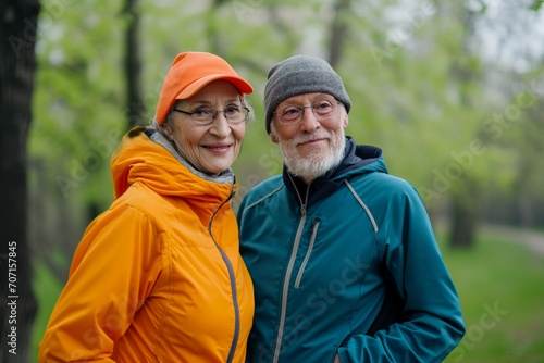 Portrait of lovely happy elderly couple on morning run outside in city park, retirees wife and husband rejoice in active lifestyle,